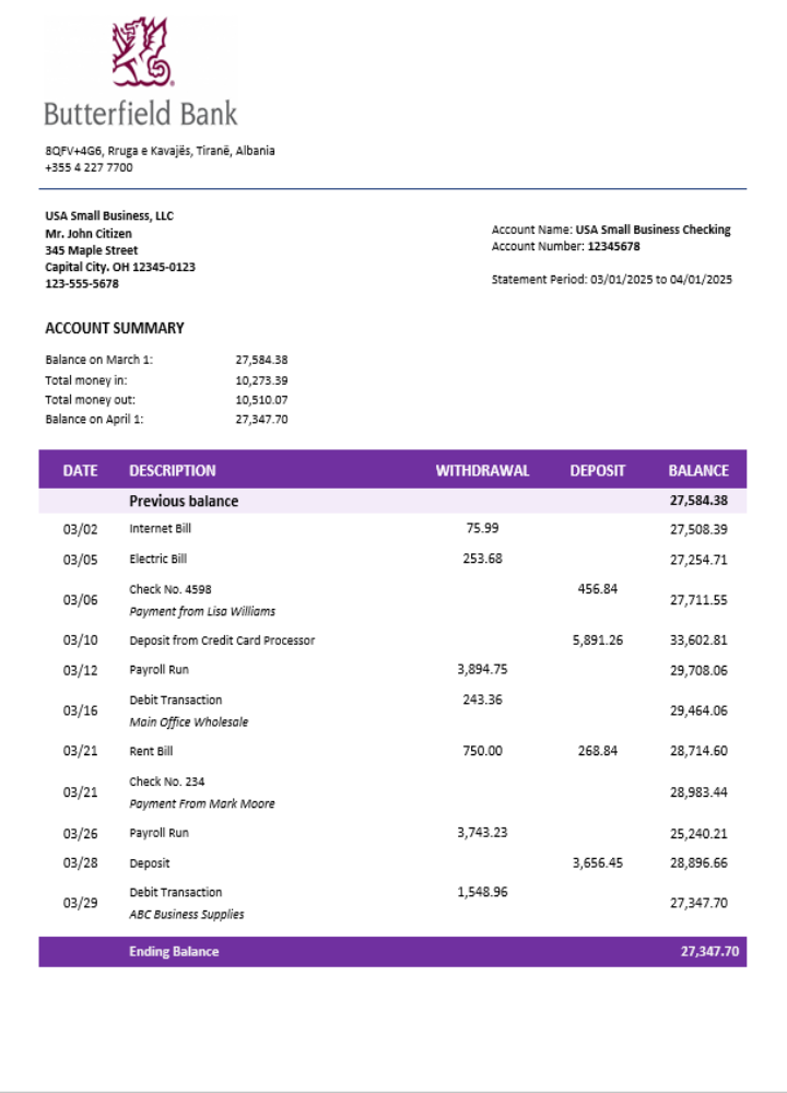 Relevé de compte courant de l'organisation de la banque Butterfield Format Word et PDF